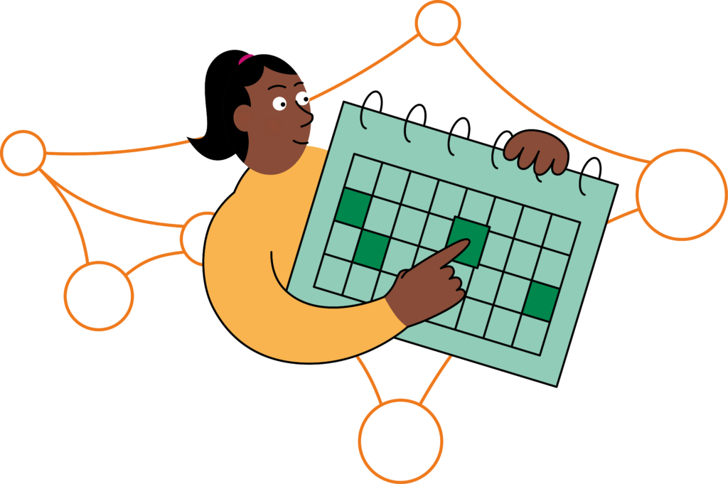 Illustration einer Frau mit Kalender zur Darstellung von Bildungsangeboten